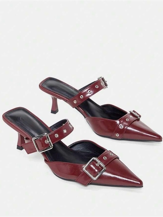 Shoes - Faux leather Pointed toe double Buckle Mule heels Burgundy maroon